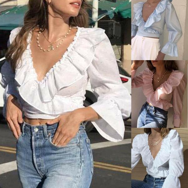 

womens lady fashion ruffled v-neck crop blouse long puff sleeve flare sleeve blouse shirt, White