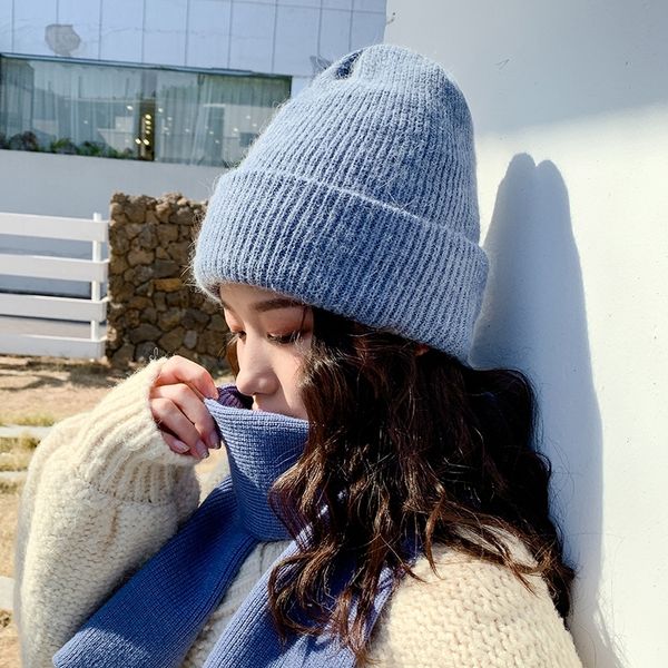 

winter hats for women cashmere beanies ladise knitted wool skullies cap angora pompom gorros cap thick and warm y201024, Blue;gray
