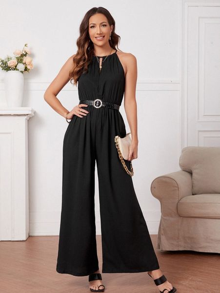 

emery rose keyhole neckline wide leg halter jumpsuit without belt g6bi#, White