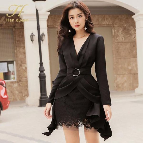 

h han queen women's 2 pieces suits lace-up crop + lace sheath bodycon pencil skirt korean chic work skirt suit new1, White