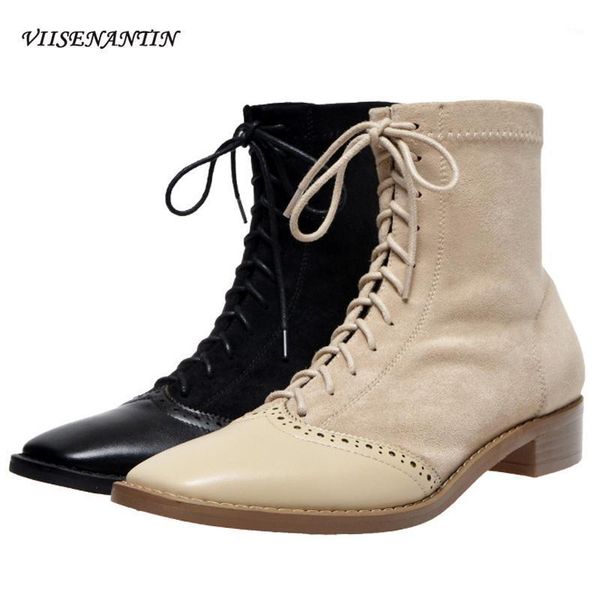 

boots retro square toe lace-up ankle all-match low-heel flock elastic short women genuine leather black thick heel autumn shoes1