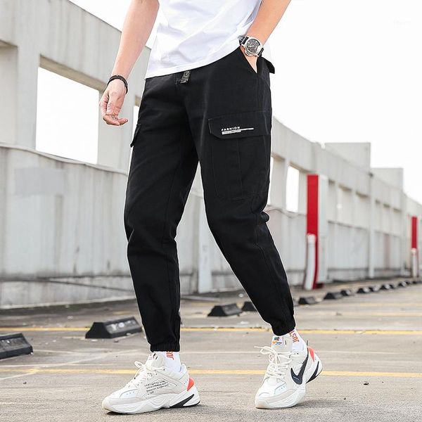

aprilmomo2020 spring hong kong-style casual pants loose nine-point pants multi-pocket beam feet camouflage overalls1, Black