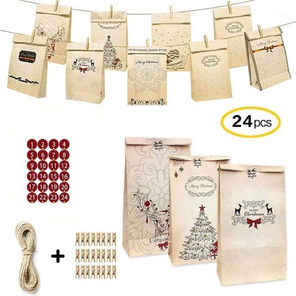 

24pcs advent christmas calendars kraft paper, candy bag with stickers clips rope1