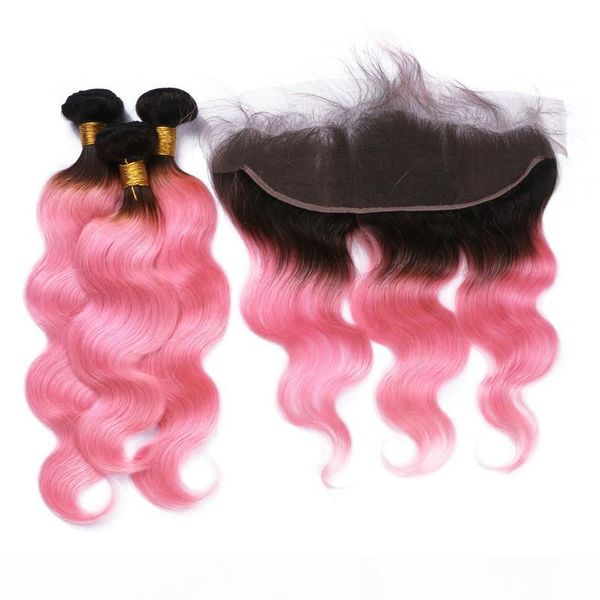 

1b pink ombre brazilian body wave human hair with lace frontal closure dark root ombre virgin human hair 3bundles with 13x4 full frontals, Black