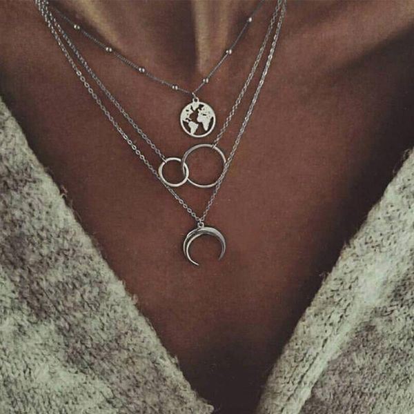 

chains bohemian fashion moon circle map pendant necklace for women jewelry earth choker multilayer bijoux collares mujer collier femme, Silver