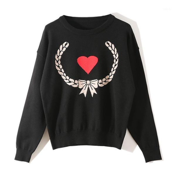 

2020 autumn winter korean version women's hearts wheat flower interlace pullover sweater long-sleeved love jacquard knit jumpers1, White;black