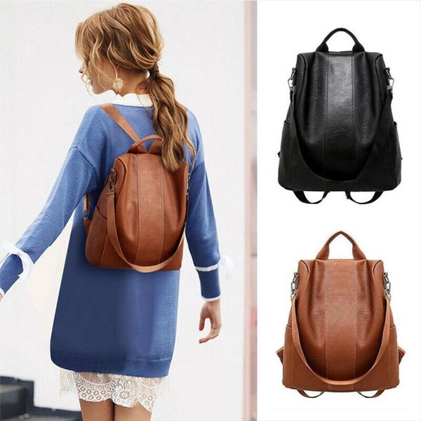 

designer- womens leather backpack anti theft rucksack zipper black brown school shoulder bag large capacity travel bag