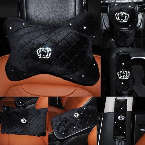 

crown crystal car seat headrest pillow plush auto neck waist support pillows gear hand brake case seat belt cover sets1