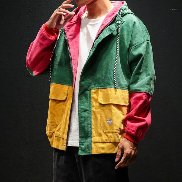 

mens color bolck jacket corduroy harajuku bomber jackets coat male korean autumn loose cotton patchwork hooded windbreaker m-5xl1, Black;brown