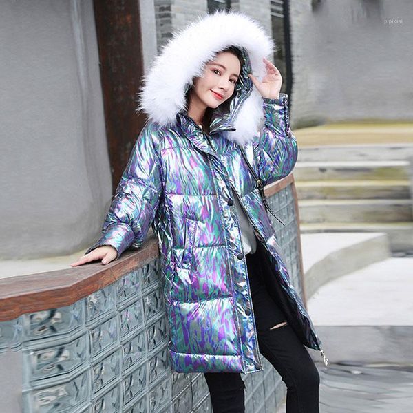 

colorful shiny cotton padded coat women mid-length big fur collar down jacket 2021 thick winter outerwear warm female parka dh351, Black