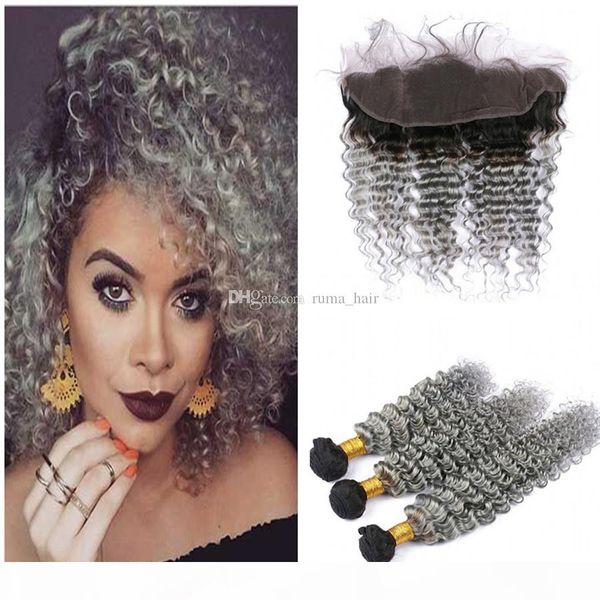 

peruvian virgin human deep wave hair 3 bundles with lace frontal grey ombre lace frontal with bundles two tone hair wefts 4pcs lot, Black;brown