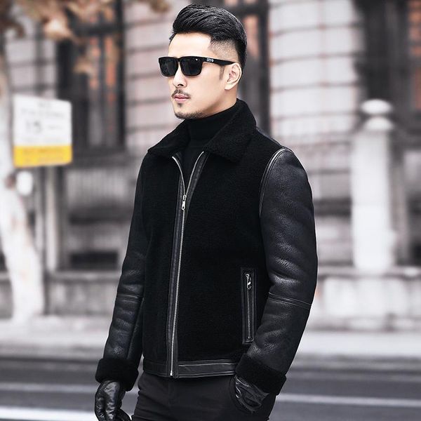 

men's leather & faux 100% wool coat winter jacket men real fur clothes 2021 sheep shearling jackets suede plus size my, Black
