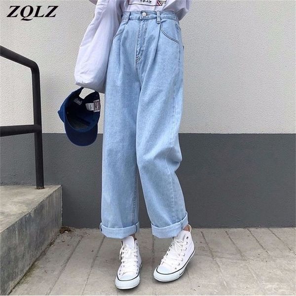 

zqlz jeans women new solid vintage high waist wide leg denim trousers simple loose harajuku womens casual jean pants 201223, Blue