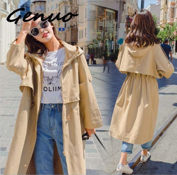 

genuo 2020 spring new pattern long fund single row pull rope windbreaker loose woman solid color hat windbreaker woman, Tan;black