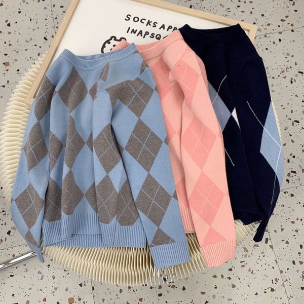 

new children's diamond check tricolor 015x5 men's and women's round neck pullover knitted sweater, Blue