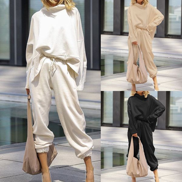 

casual tracksuit two piece set women and pants outfits autumn women cotton solid sweatpants set women loose pullover 201119, White