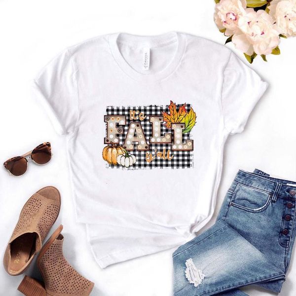 

it's fall y'all pumpkin plaid women tshirt cotton casual funny t shirt gift for lady yong girl tee pm-36, White