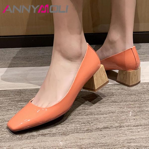

annymoli woman high heels natural genuine leather pumps shallow thick heel shoes dress square toe ladies footwear beige 33-40, Black