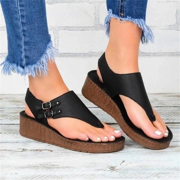 

women's wedge sandals 2020 summer new solid color beach flat sandals shoes dropshipping buckle female platform sandals shoes #lh47, Black