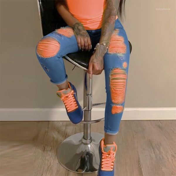 

women's jeans orange print ripped for women denim pencil pants high waist skinny boyfriend torn jeggings large size mom 20211, Blue