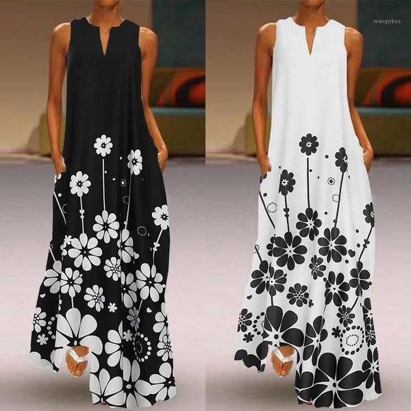 

women's summer sundress zanzea 2020 bohemian printed maxi dress casual sleeveless vestidos female v neck floral robe 5xl1, Black;gray