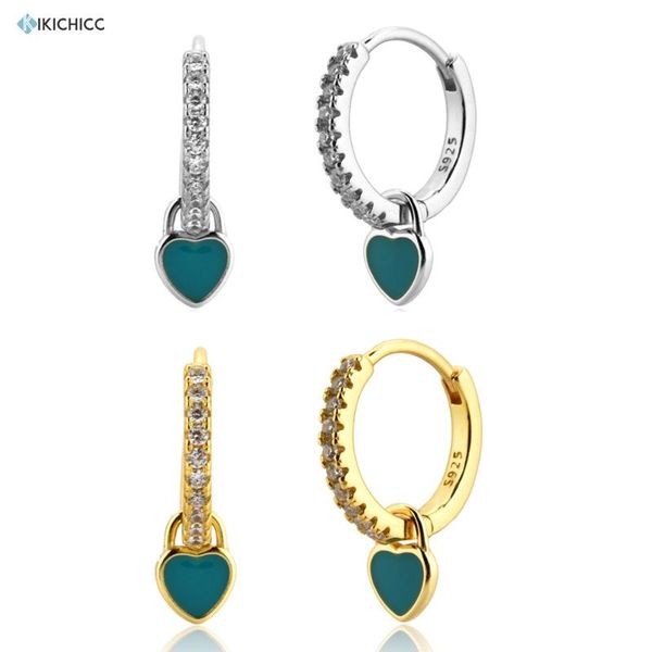 

hoop & huggie kikichicc 100% 925 sterling silver enamel turquoise heart pendiente luxury loops huggies crystal europeangift jewelry, Golden;silver