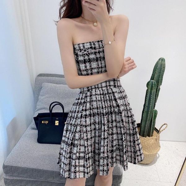 

casual dresses 2021 summer women plaid strapless dress female sleeveless tweed rmsx 6.151, Black;gray