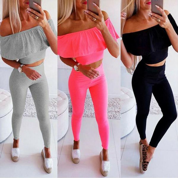 

мода повседневная женщины дамы 2pcs наборы плеча crop top высокого эластичный пояс карандаш брюки твердые голеностопного длинные брюки, Gray