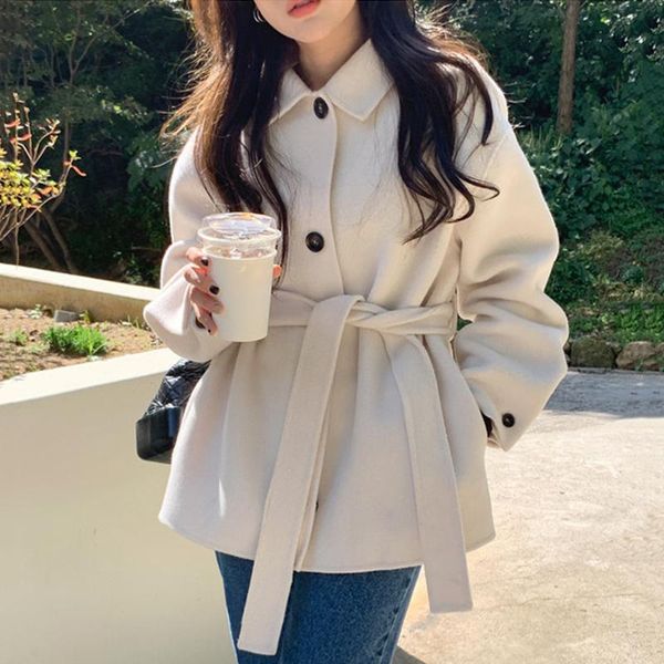 

women's wool & blends lamtrip korean lady femine milk white belt coat, Black