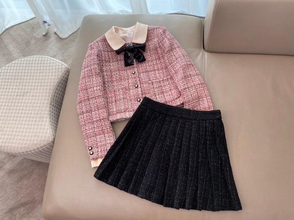 

2021 new ladies fashion suit bowknot lapel jacket + pleated skirt 2-piece set 0105, Gray