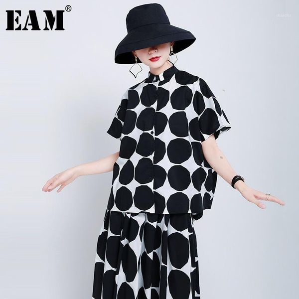 

eam] women black big dot printed big size blouse new lapel short sleeve loose fit shirt fashion tide spring summer 2020 1u8011, White