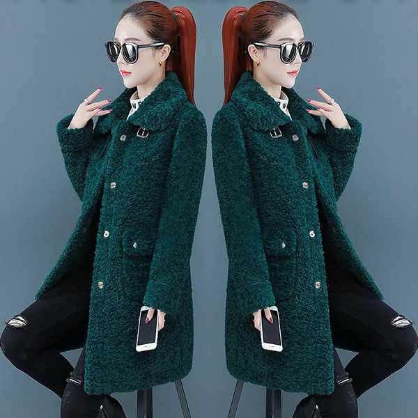 

women's wool & blends 2021 winter jacket female lamb coat mid-length thicken overcoat loose plus size clothing a366, Black