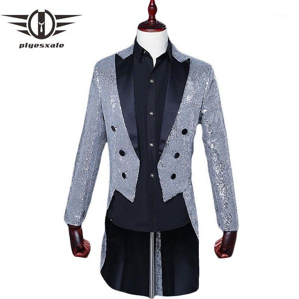 

plyesxale tuxedo blazer men 2018 black red blue silver gold sequin blazer jacket man slim fit tailcoat stage party blazers q2921, White;black