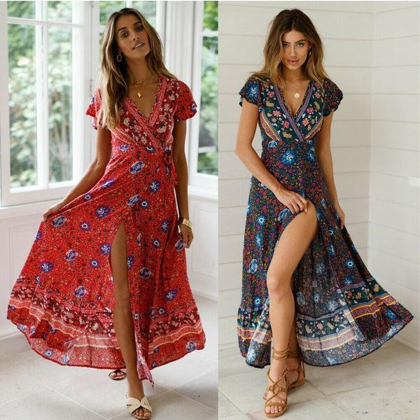 

summer women floral clothes short sleeve vintage boho maxi long split dress dresses drop shipping good quality, Black;gray