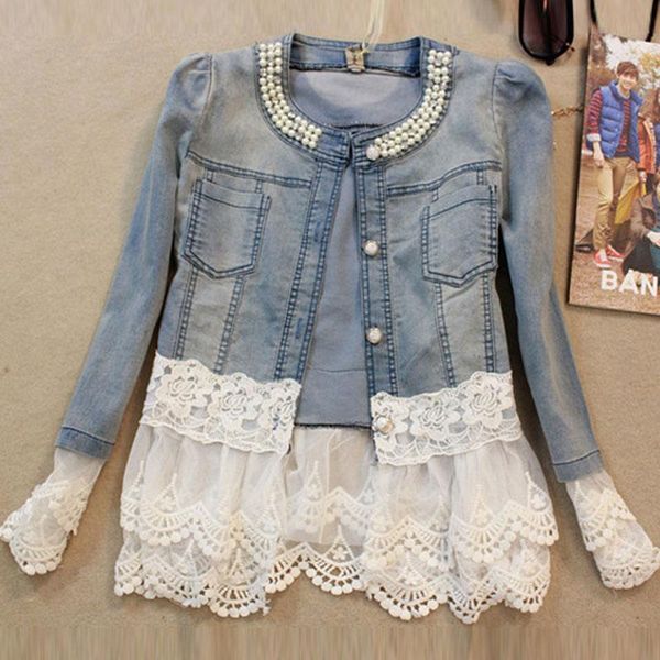 

women's jackets jeans jacket women casacos feminino slim lace patchwork beading denim lady elegant vintage coat, Black;brown