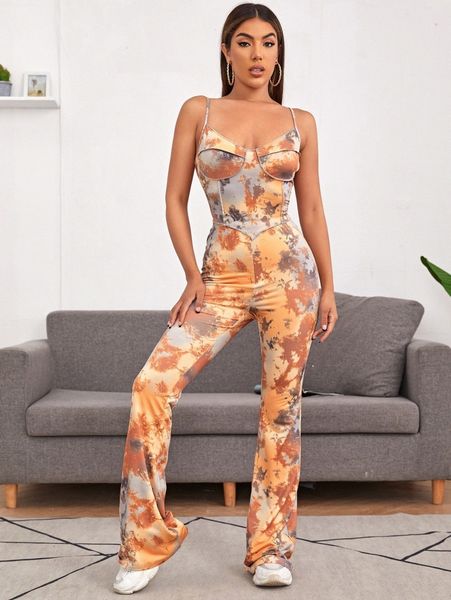 

tie dye bustier crop cami & flare leg pants set g3g8#, White