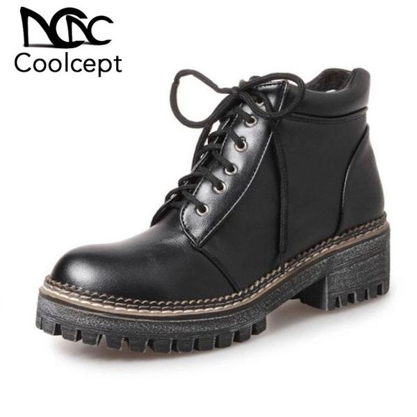 

coolcept women ankle boots lace up round toe platform warm shoes women autumn winter flats boots lady footwear size 33-44, Black