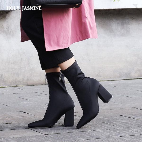

boots 2021 spring/autumn women sock pointed toe elastic high slip on heel ankle pumps stiletto botas, Black