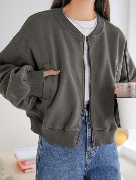 

dazy zip up drop shoulder bomber jacket i5mj#, Black;brown