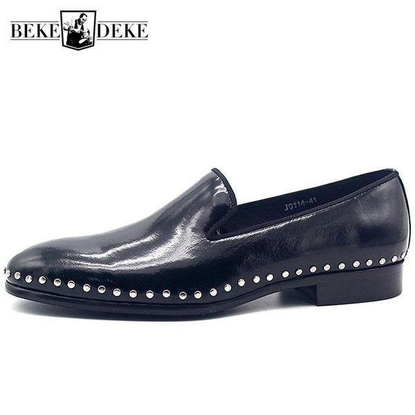 

handmade mens genuine leather dress shoes business man rivets patent leather loafers party slip on social formal shoes plus size, Black