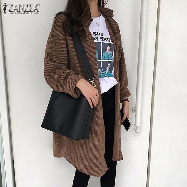 

vintage corduroy shirts women's autumn blouse 2021 zanzea casual long sleeve button down blusas female solid long thin coat1, White