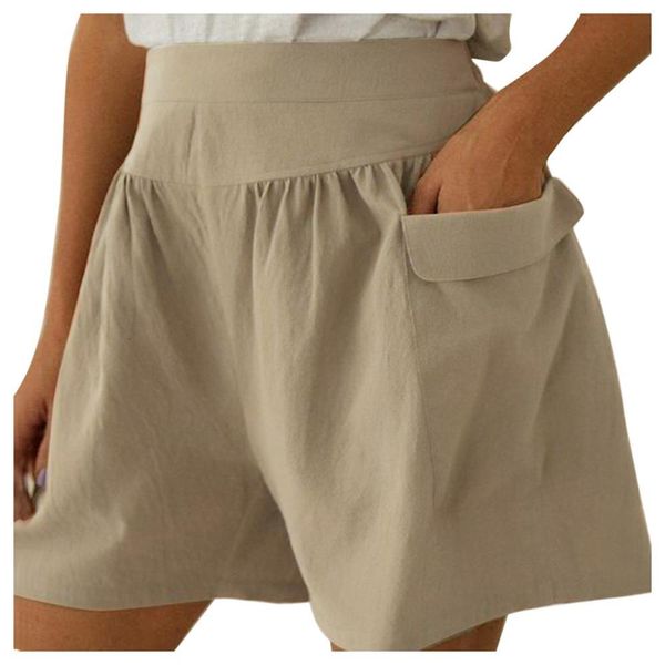 

women's summer solid color elastic band high waist loose casual cotton and linen pocket tooling shorts, White;black