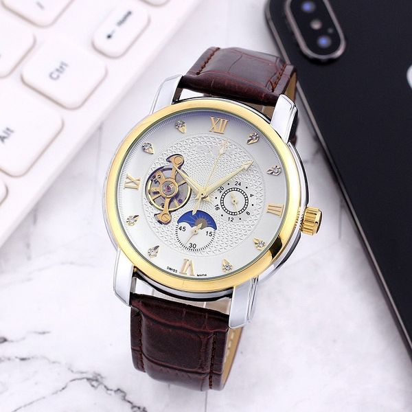 

large flywheel five stitches automatic mechanical watch fashion watches mens sport longi wristwatches leather belt orologio di lusso, Slivery;brown