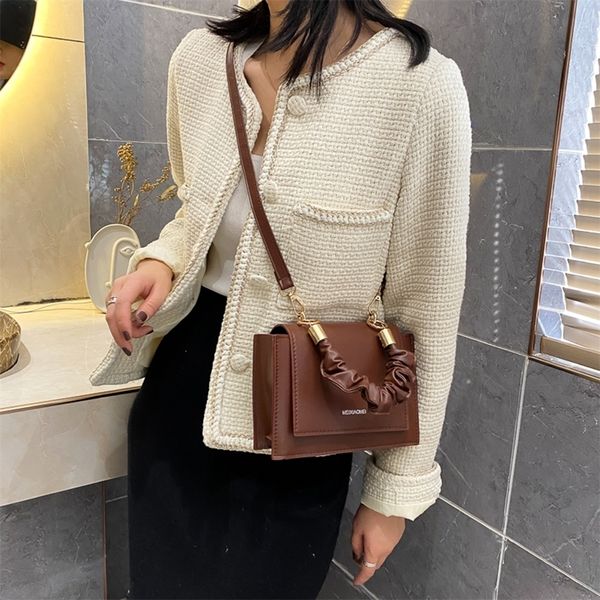 

fashion handle pleated pu leather flap crossbody bag women portable solid color shoulder messenger handbags casual shopping bag