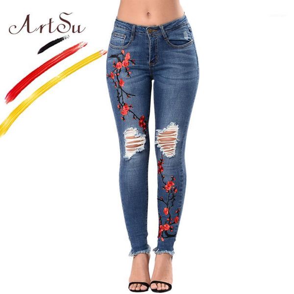 

women's jeans boyfriend style hole ripped pants for women vintage flower embroidery blue denim pancil trousers aspa201061