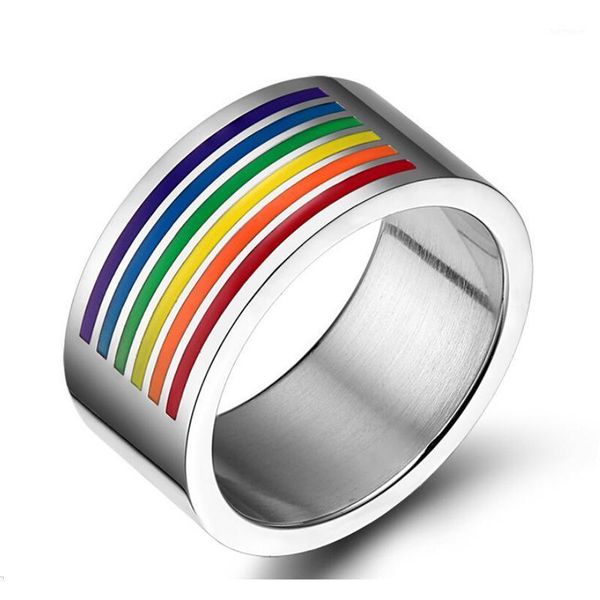 

mens womens rainbow colorful pulsera ring stainless steel wedding band lebian & gay rings drop shipping1, Golden;silver