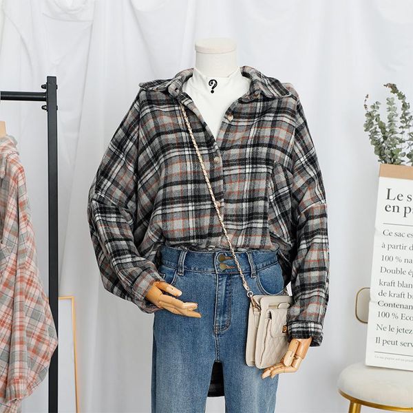 

women's brushed wool plaid shirt-coat lapel long sleeve button pocket ladies long thin coats autumn vintage female new trend, Black