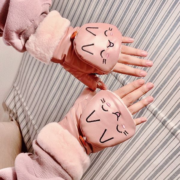 

half finger female winter cartoon ins cute windproof warm plush pu leather flip student writing gloves, Blue;gray