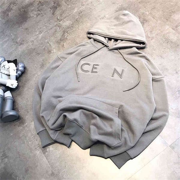 

trendy brand simple fashion couple style ce concave convex steel seal letter loose hooded sweater for men and women jimo, Black