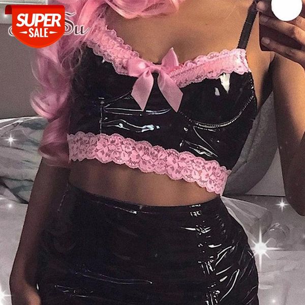 

ArtSu Gothic Sexy Strap Patchwork Pink Lace PU leather Cami Tops Women's Bustier Bralet Club Party Cropped Top Vest VE52448 #tK2P, White